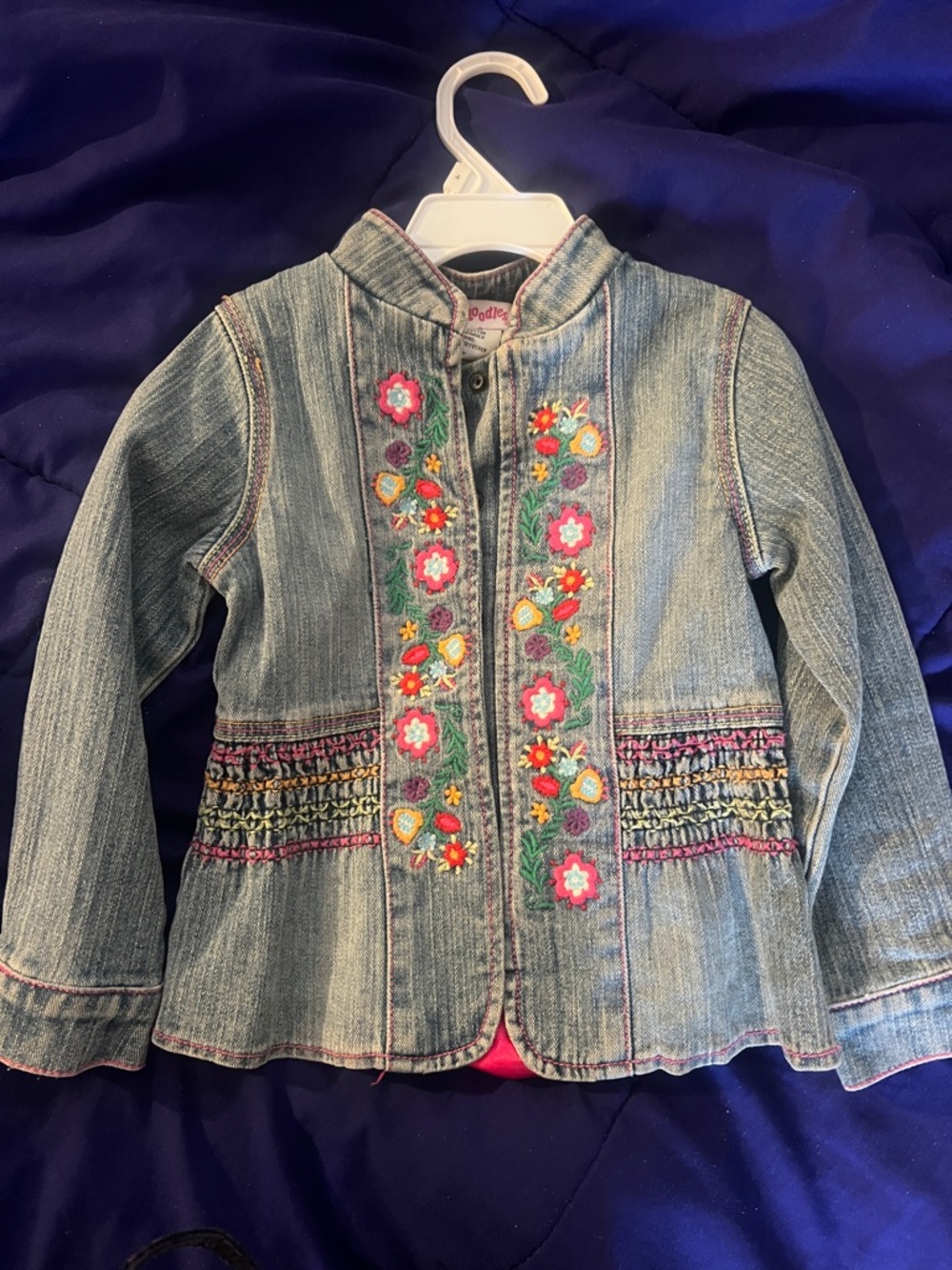 Flapdoodles Light Blue Denim Jacket with Pink & Multicolor Embroidery